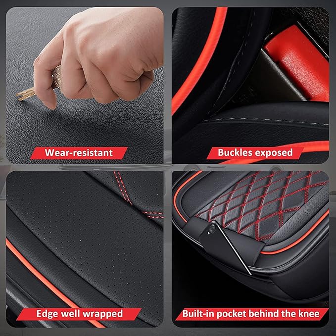 MIROZO Dodge Ram Seat Covers Full Set,5PCS Car Seat Cover Waterproof Fit 2009-2025 Ram 1500 2500 3500 Crew Quad Regular Cab Pickup Cushions with Split Bench 40/60 (Black and Red,Full Set Flat Back)