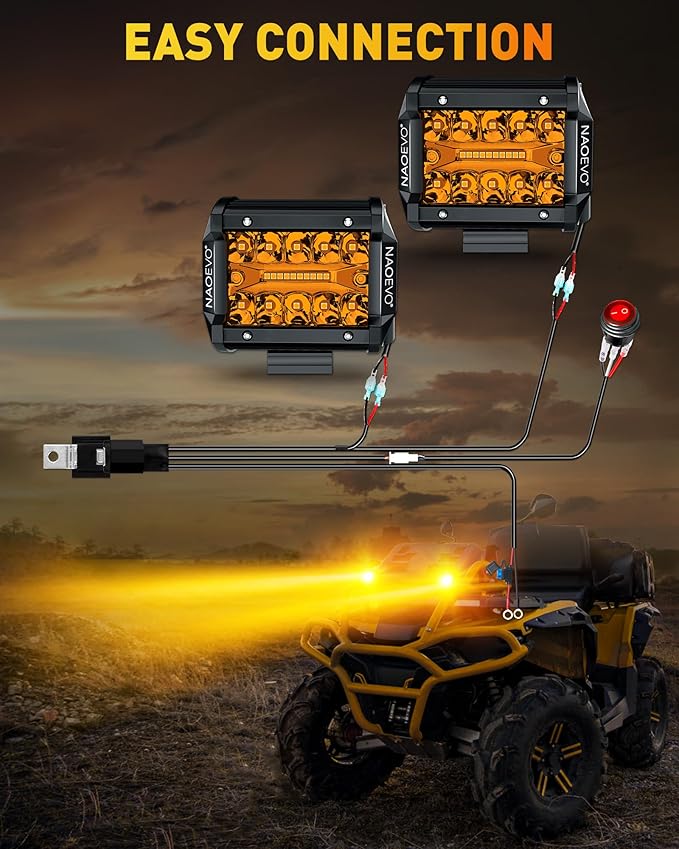 NAOEVO 4 Inch LED Pod Lights, Spot Flood Amber LED Fog/Driving/Off Road Lights with 2 Leads Wiring Harness, Cube Pods for Truck Boat ATV UTV, 2 Pcs (Amber)