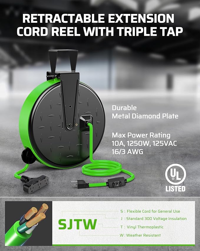 DEWENWILS 30FT Extension Cord Reel, 16/3 Gauge SJTW Power Cord, Retractable Cord Reel with 3 Outlets, Ceiling/Wall Mount for Garage, Workshop, 10A Circuit Breaker, Metal Plate, UL Listed, Green