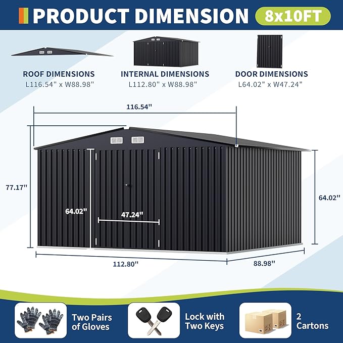 8x10x6.4 FT Outdoor Storage Sheds with Floor, Metal Garden Tool Shed for Backyard, Large Metal Sheds Outdoor Storage With Lockable Doors & Air Vents for Backyard Garden Patio Lawn