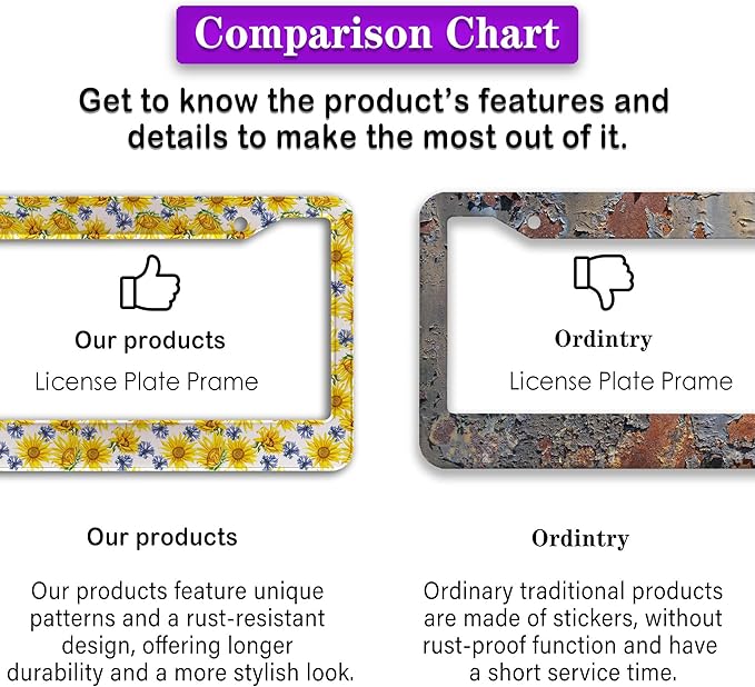 License Plate Cover Frame for Women Multicolor License Plate Frames for Men Sunflowers Aluminum Metal Car Accessory 2 Pack with Screw Covers Set