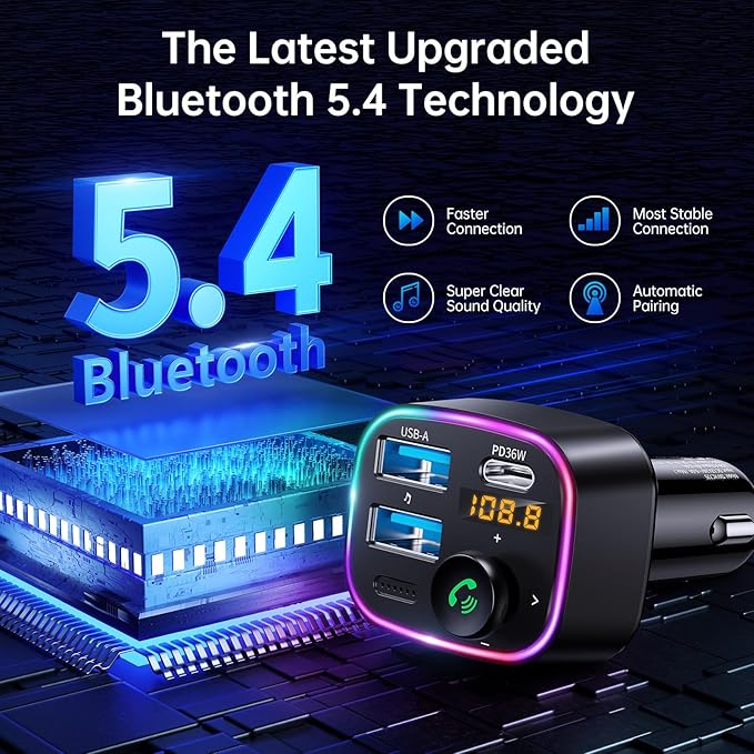 Syncwire Bluetooth 5.4 FM Transmitter Car Adapter 48W (PD 36W & 12W) [Light Switch] [HiFi Bass Sound] [Fast Charging] Wireless Radio Music Adapter LED Display Hands-Free Calling Support USB Drive