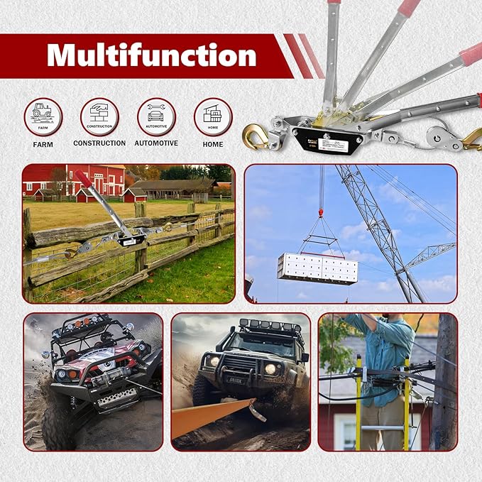 Come Along Winch 2T,Pulling Capacity 12 FT Steel Cable 2 Hooks,Heavy Duty Come Along Tool with Dual Gears,Heavy Duty Hoist Cable Puller for Vehicle Rescue