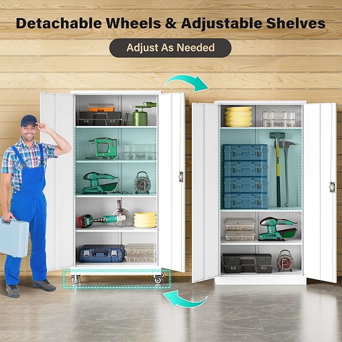 75" Tall Metal Storage Cabinet with Wheels,Rolling Garage Storage Cabinet with Lock,White Metal Cabinets with Wheels and Shelves,Tool Cabinets on Roller for Garage,Home,Office,Shop