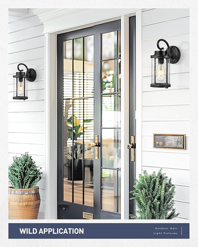 kudos Porch Lights, 12.5 inch Cylinder Outdoor Wall Light, E26 Sockets, Anti-Rust Waterproof Light Fixtures Wall Mount for Patio, Black with Seeded Glass, KDOWL01-BK