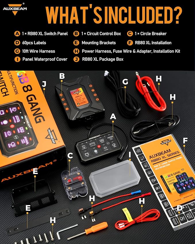 Auxbeam RGB 8 Gang Switch Panel 5.3 Inch RB80 XL with Off Backlight Toggle Momentary Pulsed Switch Pod for Truck ATV Offroad Marine Multifunction Waterproof Circuit Relay System Box, 2 Years Warranty