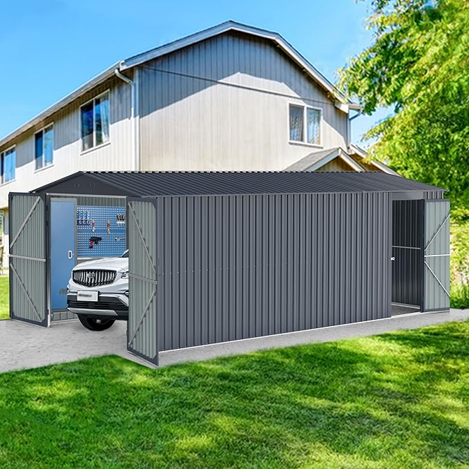 KUIKUI Metal Garage Shed Without Floor, 10x20FT Heavy Duty Outdoor Shed and Storage with 2 Doors and 4 Vents, Car Sheds Outdoor Garage