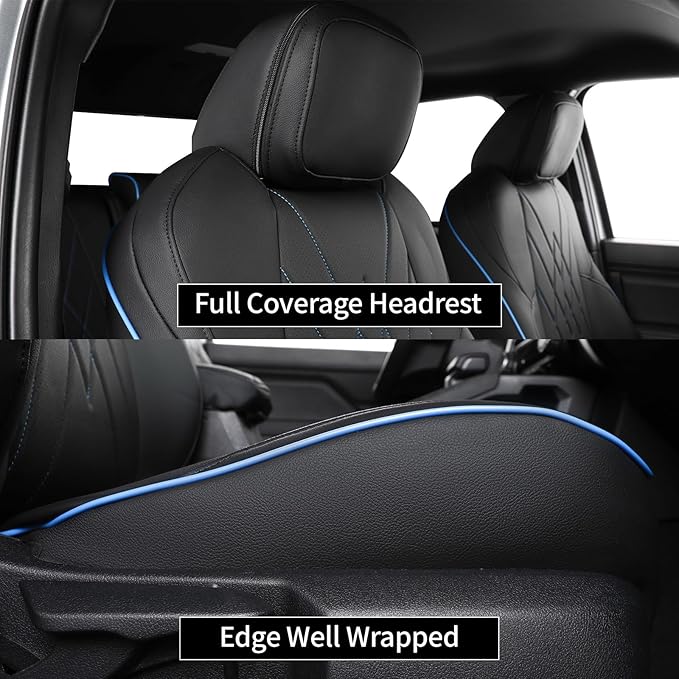 EKR Custom Fit Tacoma Car Seat Covers for Select Toyota Tacoma (Petrol) 2024 2025 Double cab SR,SR5,TRD Sport,TRD Off-Road,Limited -Full Set,Leather (Black with Blue Trim)