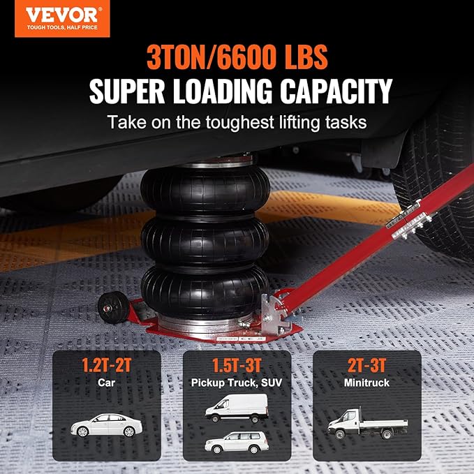 VEVOR Air Jack, 3 Ton/6600 lbs Triple Bag Air Jack, Air Bag Jack Lift Range 5.9"-15.75", Airbag Jack with Adjustable Long Handle, 3-5 S Fast Lifting for Car, Auto Shop, Garage