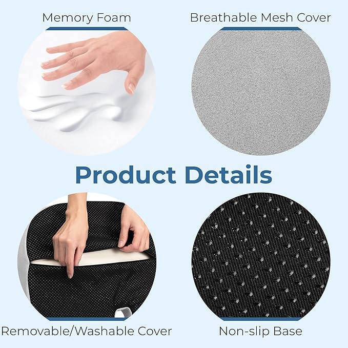 5 STARS UNITED Seat Cushion for Tailbone Pain Relief – Large Memory Foam Lifting Pillow for Coccyx, Hip, Sciatica & Post-Surgery Recovery – Wheelchair, Car, Desk, Gaming & Office Chairs, Light Gray
