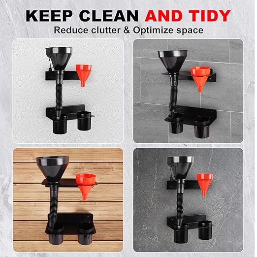 Oil Dual Funnel Holder Storage Rack Includes 2 Plastic Removable Drip Cups, Wall Mount Fluid Drain Funnel Kit Organizer Bracket for Enclosed Race Trailers, Automotive Garage Shop, Black