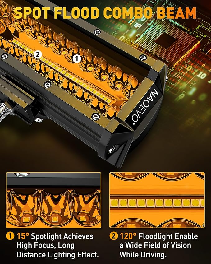 NAOEVO 12 Inch LED Light Bar, 300W 30000LM LED Offroad/Driving/Fog Lights with Wiring Harness Kit, Spot Flood Work Lights for Truck UTV ATV Golf Cart Boat, 1 Pc (Amber)