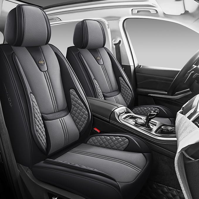 Car Seat Covers Full Set, Black Seat Cover for Cars Compatible Airbag, Easy Install Luxury Leather Automotive Seat Covers with Lumbar Support, for Car, Truck, SUV, Grey