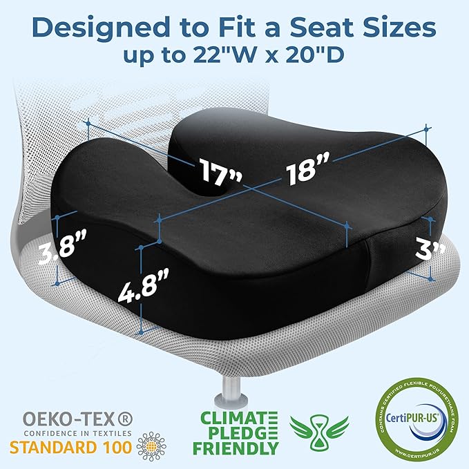5 STARS UNITED Seat Cushion for Tailbone Pain Relief – Large Memory Foam Lifting Pillow for Coccyx, Hip, Sciatica & Post-Surgery Recovery – Wheelchair, Car, Desk, Gaming & Office Chairs, Black