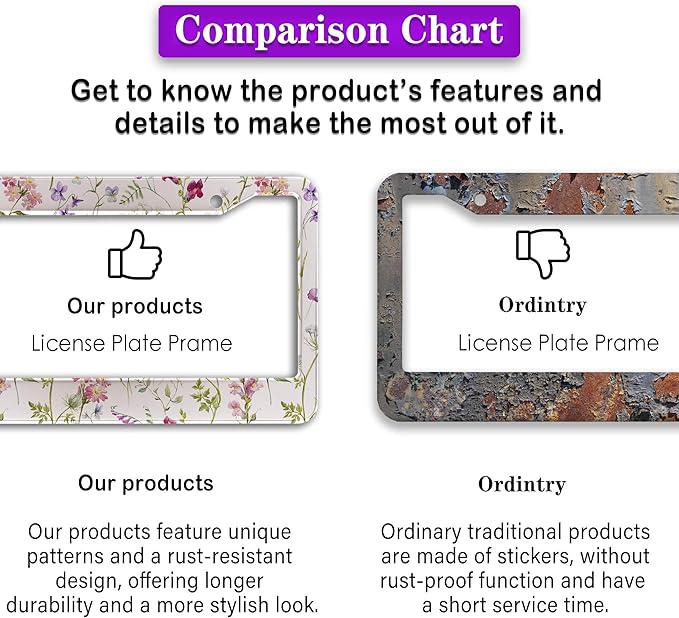 License Plate Cover Multicolor License Plate Frames Folk Flower Hippie Boho Floral Aluminum Metal Car Accessory 2 Pack with Screw Covers Set