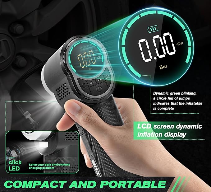 Vehicle Tire Inflator Portable Air Compressor & Inflator(150PSI),TYPE-C 6000mAH Car Tire Pump with Light, Digital Tire Pressure Gauge, Air Pump-Car Motorcycle Accessories