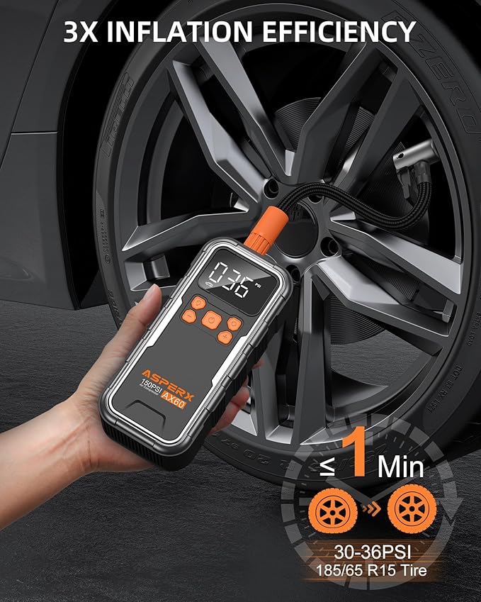 Tire Inflator Portable Air Compressor, 150PSI Cordless Air Pump for Car Tires, 3X Faster Air inflator Tire Pump with Digital Pressure Gauge and Emergency LED Light for Motorcycle Bike Ball Car