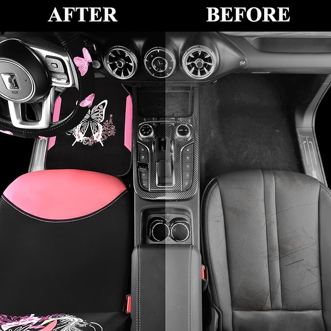 CAR PASS Pink Leather & Gaberdine Butterfly Car Seat Covers Full Set with Waterproof Car Floor Mats and Embroidered Butterflies Steering Wheel Cover for Interior Sets ((Black & Pink)