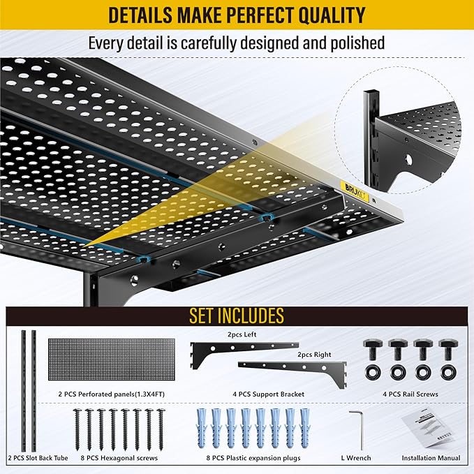 2 Tier 1.3x4ft Garage Shelving Wall Mounted, 400 lbs Load Capacity，15.6x48inch per Shelf Height Cassette Adjustable Floating Shelves(Black)