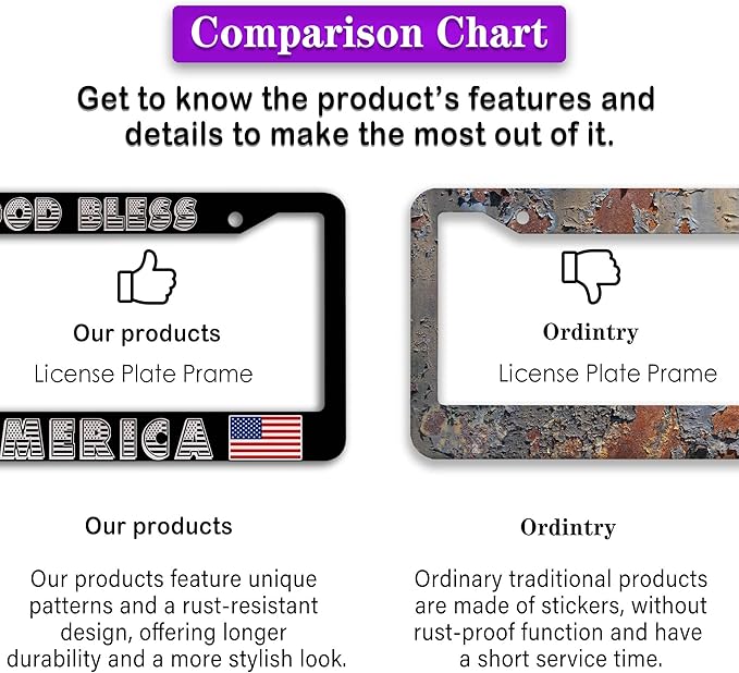 Car Plate Frame for Men Black and White License Plate Frames for Women God Bless America Aluminum Metal Car Accessory 2 Pack with Screw Covers Set