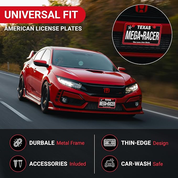 Premium Slim Red License Plate Frame – 1 Pack, Rust-Free Stainless Steel, Street Legal & Rattle-Free, Universal Fit with Screw Covers, Sleek Thin Metal Front or Rear Car Tag Holder for Men & Women