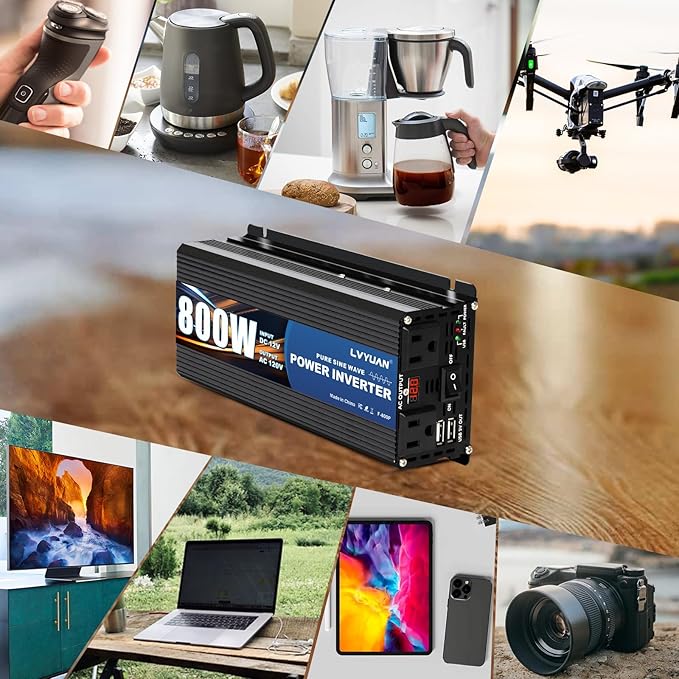 LVYUAN 800 Watt Pure Sine Wave Power Inverter 12V to 110V120V DC to AC Converter with Dual Sockets, Dual USB Ports, LED Display for Home Outdoor RV Car Power Inverter Power Adapter