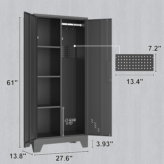 Metal Storage Cabinet,61" Tall Storage Cabinet,Utility Cabinet for Brooms and Mops,Laundry Room Cabinets,Tool Lockable Organization,Black