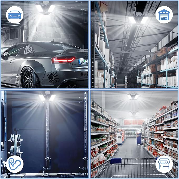 LED Garage Lights - 1 Pack, 80W, 8000LM 6500K Shop Light with 3 Deformable Panels, Basement Barn Light, E26/E27 for Shop, Warehouse, Basement