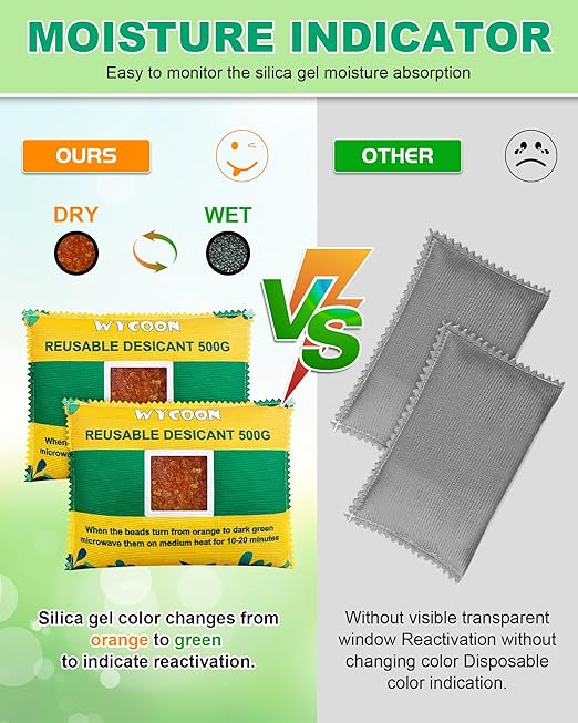 Rechargeable Desiccant Pack 6 x 500g, Moisture Absorber with Transparent Indicator Window, Desiccant Dehumidifier for Closet, Basement, Gun Safe, RV,Garage & Storage