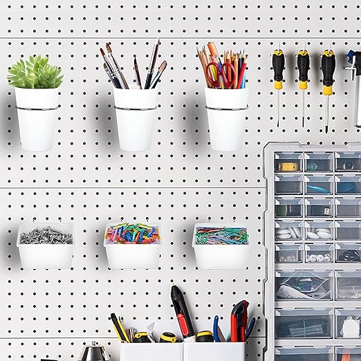 6 Sets Pegboard Bins Cups with Hooks Loops, Pegboard Hooks Assortment, Hooks for Pegboard Cup Holder for Tools Accessory Storage Organizer for Office Workshop Garage Workbench White