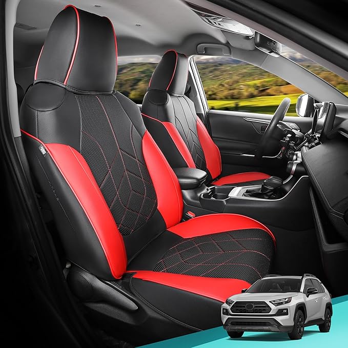 for Toyota RAV4 Seat Covers 2019 2020 2021 2022 2023 2024 2025 RAV 4 LE XLE Limited XLE Premium (Gas not for Hybrid) - Custom Leather Car Seat Covers Full Set - BlackRed