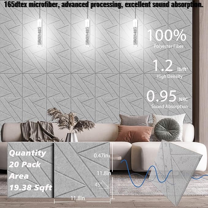【20 Pack】 Acoustic Panels Self-Adhesive (0.4" Thick | 0.8lb/ft³ Medium Density) - 12x12 Soundproof Foam Tiles for Home Office/Wall Sound Absorption, Noise Reduction Panels Studio Use - Gray