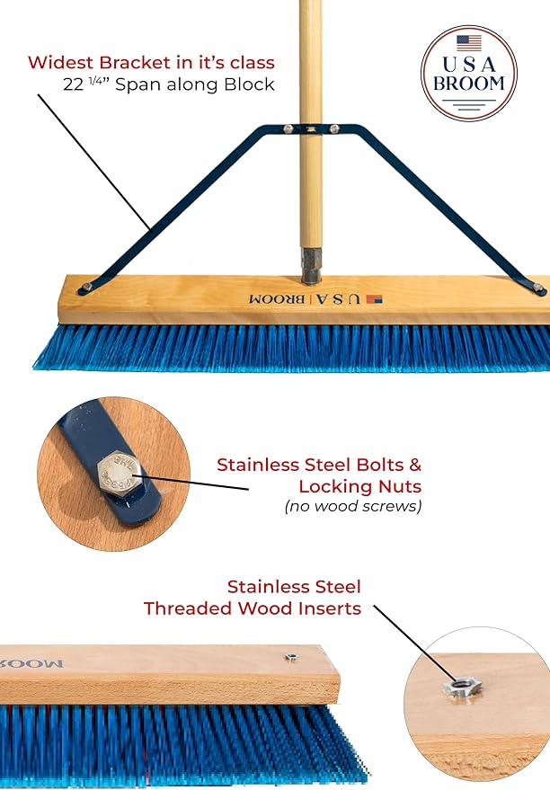 24" Everyday Sweep Indoor/Outdoor Push Broom with 60" Handle. Ideal for Garages & Shops. Durable American Made Steel Brackets-All Stainless Steel Hardware. No Plastic. 100% Made in The USA.