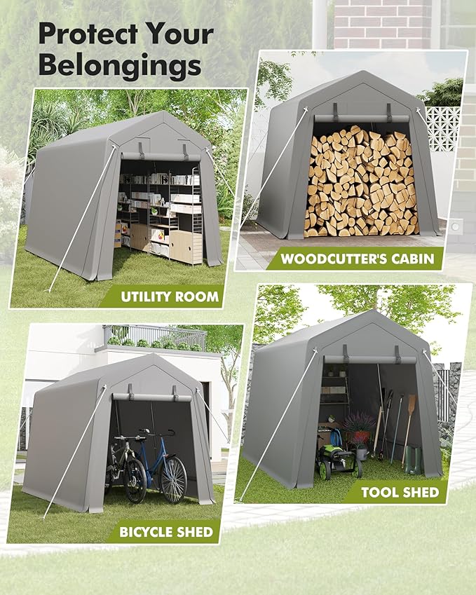 6 x 8 ft Carport Storage Shed, Portable Garage with Roll-up Zipper Door, Heavy Duty Waterproof Tarp, Storage for Motorcycle, Bike, Firewood, Garden Tools