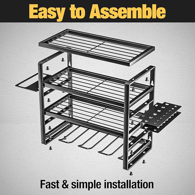 YYR 4 Layer Power Tool Organizer Wall Mount, Cordless Drill Hanger Storage Rack, Battery Tools Holder with Charging Station Shelf for Garage Organization, Workshop, Pegboard, Shed - 16 Inch 4 Slots
