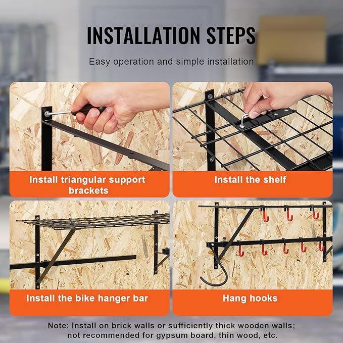 VEVOR Bike Storage Rack, 4 Bike Racks, Wall Mount Bike Storage Hanger with 2 Shelves, Home and Garage Organizer, Customizable for Various Bike Sizes, Adjustable Holder, Holds Up to 500 lbs, 63-inch