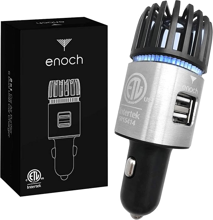Enoch Car Air Purifier Premium Air Ionizer - 12V Plug-In Ionic Ozone Deodorizer Accessory with Dual USB Car Charger - Eliminates Cigarette Smoke, Pet and Food Odors, Dust (Gray Silver)