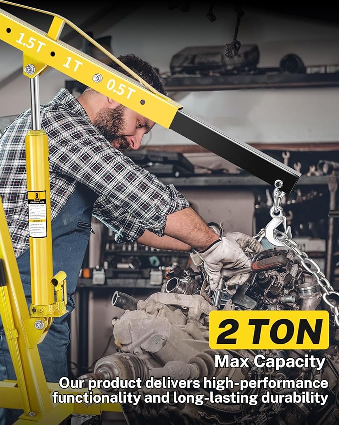 2-Ton Folding Engine Hoist, Hydraulic Shop Crane with 6 Swivel Wheels & Adjustable Boom (0.5T-2T), Heavy-Duty Cherry Picker for Garage, Workshop, Truck, Farm (Net Wt. 157 lbs)