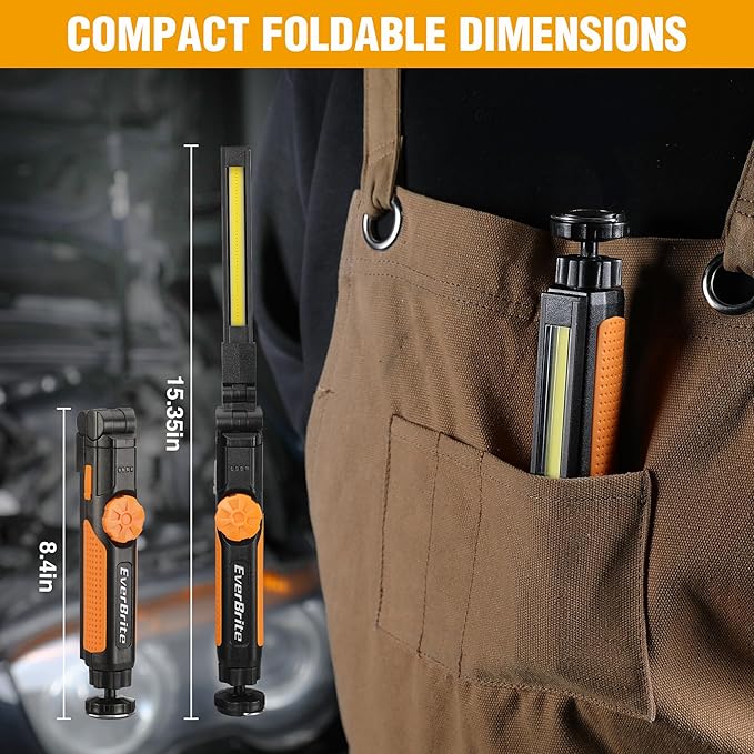 EverBrite LED Rechargeable Work Light, 800LM COB Foldable Flashlight, Magnetic Work Lights with Hanging Hook, 360° & 270° Rotation, 4 Power Indicator Lights - for Car Repair, Home, Emergency