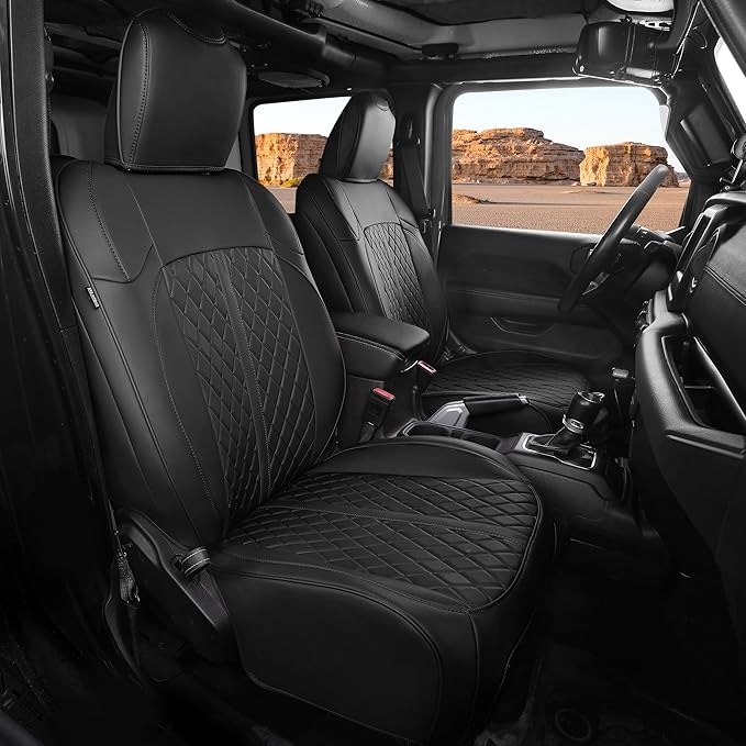 for Jeep Wrangler Seat Covers 4Door JL 2018 2019 2020 2021 2022 2023 2024 2025, Custom Fit Car Seat Cover Full Set, Luxury Waterproof Leather Seat Protectors, Black, with Rear Cup Holder