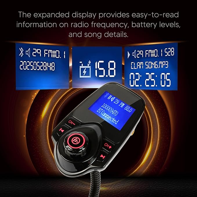 ONN Upgraded 2025 Car Bluetooth FM Transmitter – 1.44" Display, Flexible Gooseneck, Hands-Free Calls, Wireless Music Player, Radio Adapter, USB Charger, Micro SD Card & AUX Support