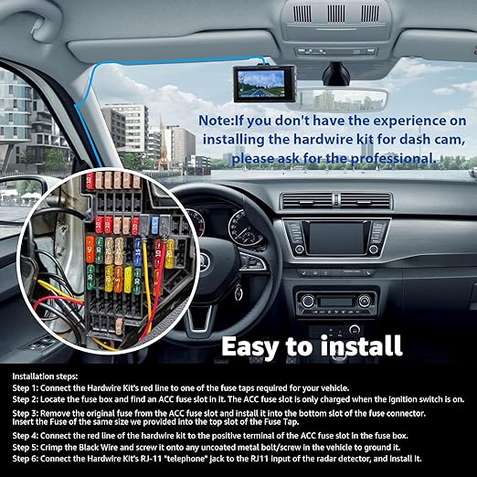 Radar Detector Hardwire Kit with RJ-11 Telephone Style Jack Direct Wire Wiring Kit Compatible with Escort Valentine One Uniden Beltronics Cobra Multiple Fuse Sizes Power Cord Cable