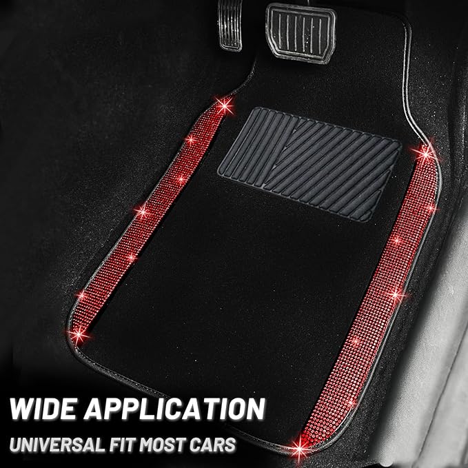 NBTEPEM Red Bling Car Floor Mats Full Set, Universal Fit Most Cars,SUV, Trucks, 4 pcs Sparkle Glitter Diamond Carpet for Women Girls with Anti-Slip Pad (Red Diamond)