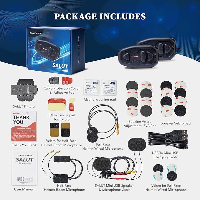 Salut Motorcycle Bluetooth Intercom Headset - Helmet Communication System, Waterproof Speaker, Voice Comm Earbuds, Helmet Headphone, Noise Cancellation(Duo Black)