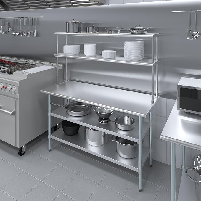 Amgood Stainless Steel Work Table with 2 Shelves | Metal Kitchen Prep Table & Shelving Combo (24" x 60" Table with 2 Shelves + 12" Overshelf)