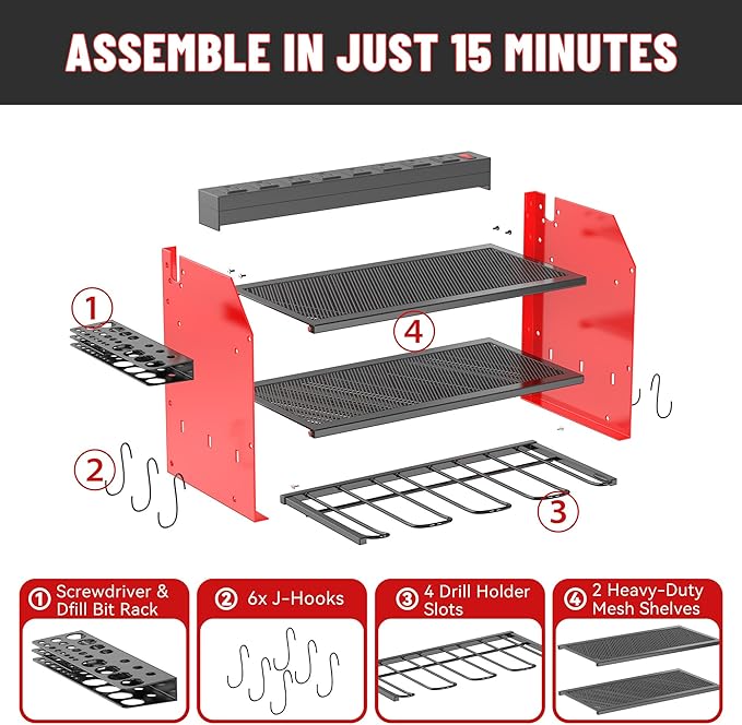 3-Tier Modular Drill Holder & Power Tool Organizer Wall Mount with Charging Station, Tool Storage Rack with Hooks, 8-Outlet Power Strip, Bit Rack & Cordless Garage Tool Organization (Red)