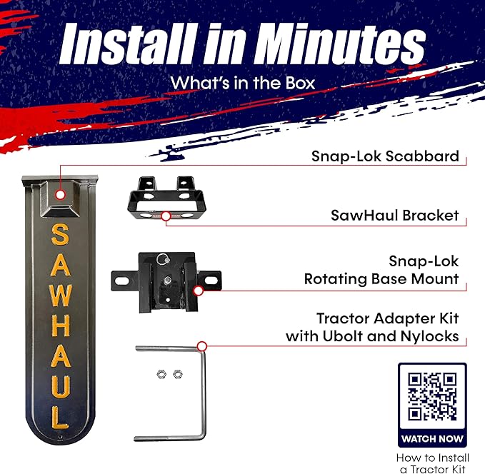 SawHaul Snap-Lok Universal Chainsaw Carrier Kit for Tractors and Skid Steers – 20 Inch Orange Scabbard with Rotating Mount – Compatible with All Chainsaw Brands – Made in USA