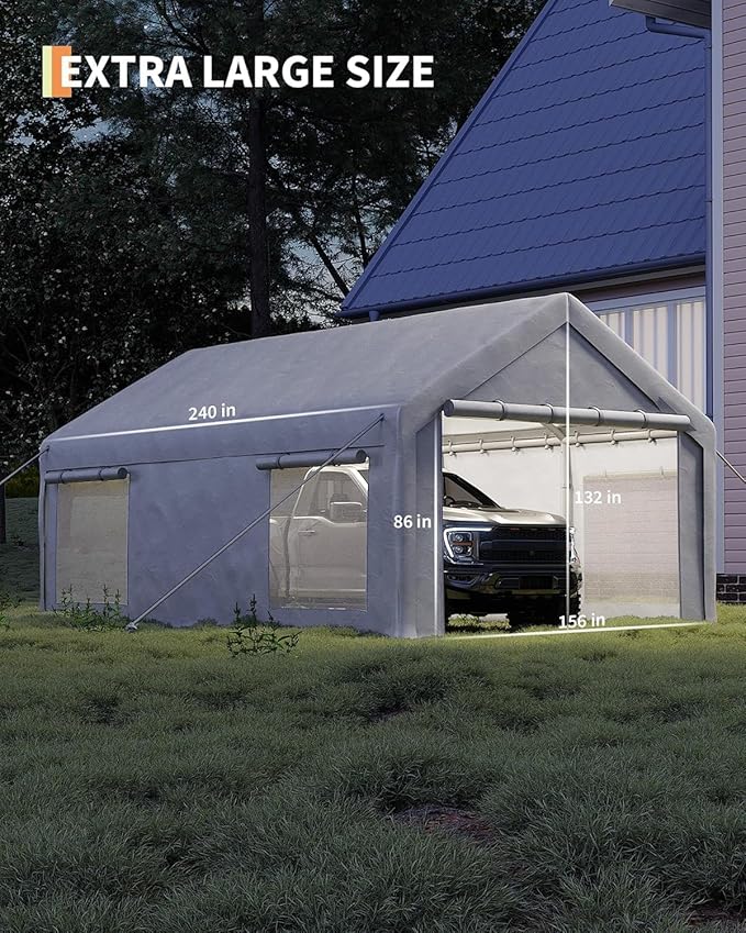 13 x 20ft Heavy-Duty Carport Canopy with Roll-Up Windows & DoorsThickened Wind Ropes, Ground Nails, Portable Car Tent Garage for Cars, Trucks, Boats, 180G Durable Tarp Cover,White