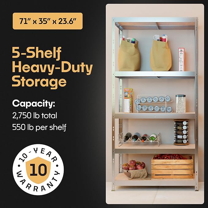 Storage Shelves: 5 Storage Shelves Heavy Duty w/ 2,750 lb Total Load Capacity, 550 per Storage Shelf, 71x35x24 | Perfect Solution for Your Storage Needs | Adjustable Shelving Unit