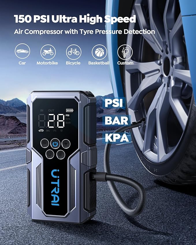 Car Jump Starter with Air Compressor, UTRAI 4000A 150PSI Car Jump Starter 12V Car Jumper Starter Portable Car Starter with LED Lights Jumper Cable, Storage Case (8.5L Gas/6.5L Diesel)